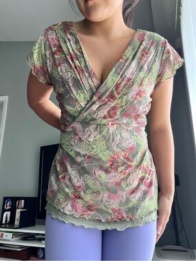 Y2K Floral Lace V-Neck Babydoll Women's Top in Green and Pink